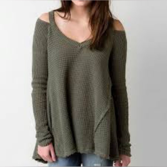 Free People Olive Green Moonshine Sweater Waffle Knit Cold Shoulder - Picture 9 of 9